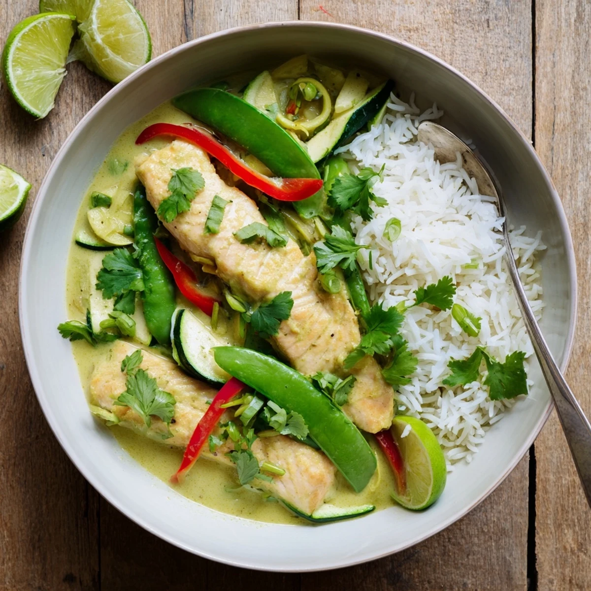 Tender Green Thai Curry Salmon nestled among zucchini, bell pepper, and snap peas in a rich sauce.