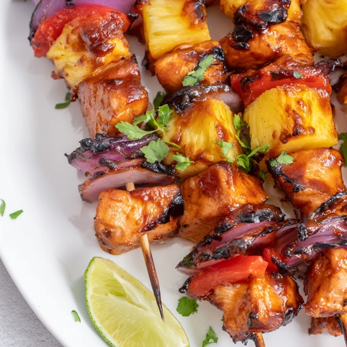 Golden-brown Chicken and Pineapple BBQ Skewers glisten with sticky glaze on a rustic wooden platter, garnished with fresh cilantro and lime wedges.