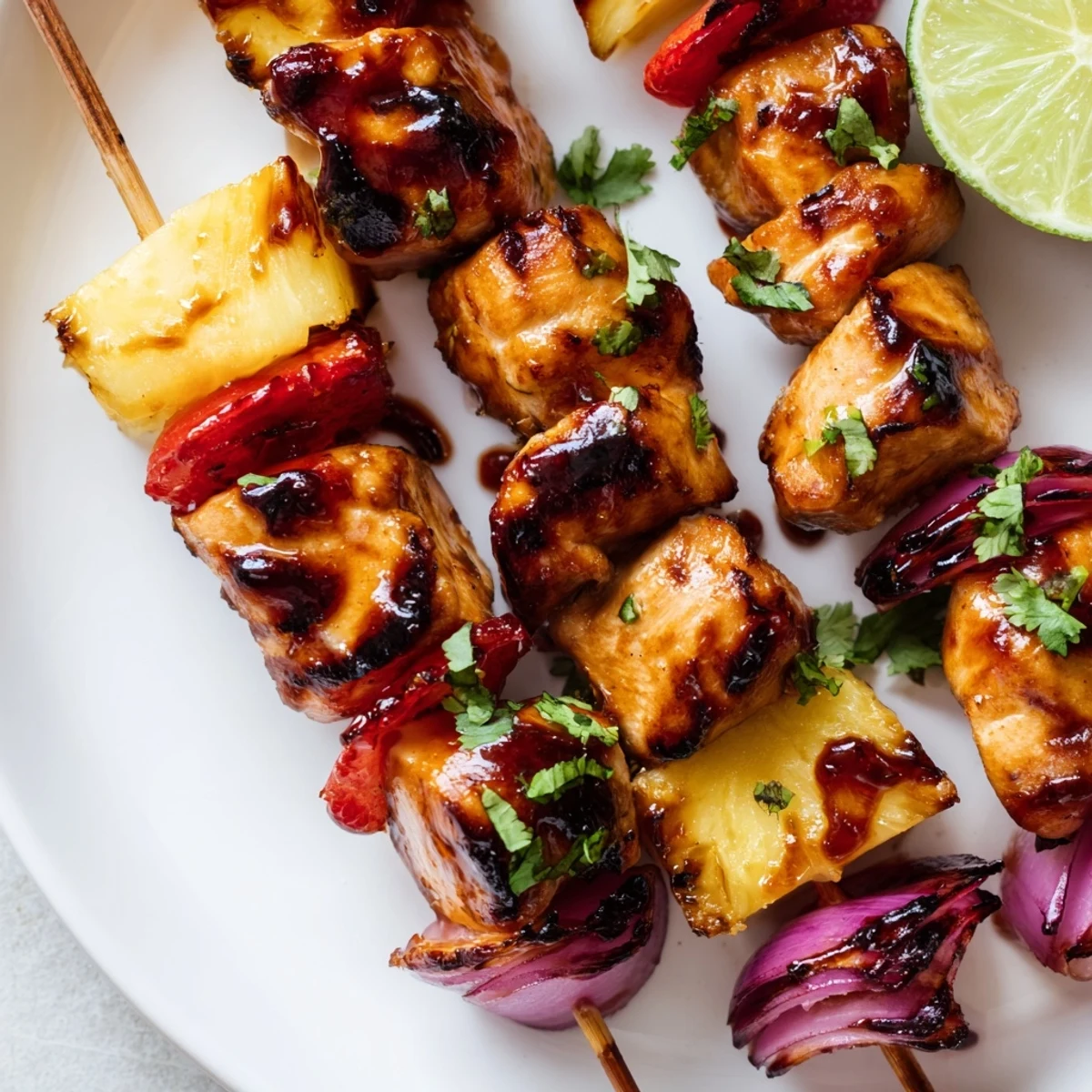Sizzling Chicken and Pineapple BBQ Skewers show charred edges and juicy pineapple chunks on a summer grill with smoke rising.