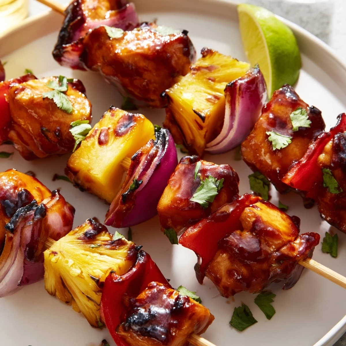 A close-up of Chicken and Pineapple BBQ Skewers highlights tender meat and sweet peppers beside a dipping sauce on a checkered cloth.
