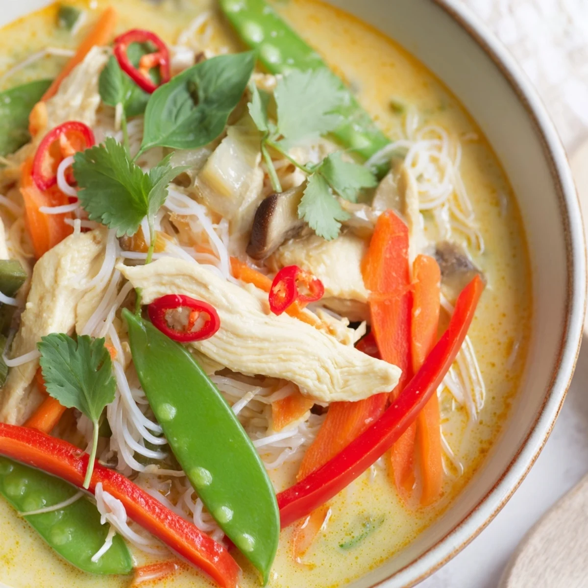 Steaming Thai Green Curry Chicken Noodle Soup with creamy coconut broth, chicken, rice noodles, and fresh herbs.