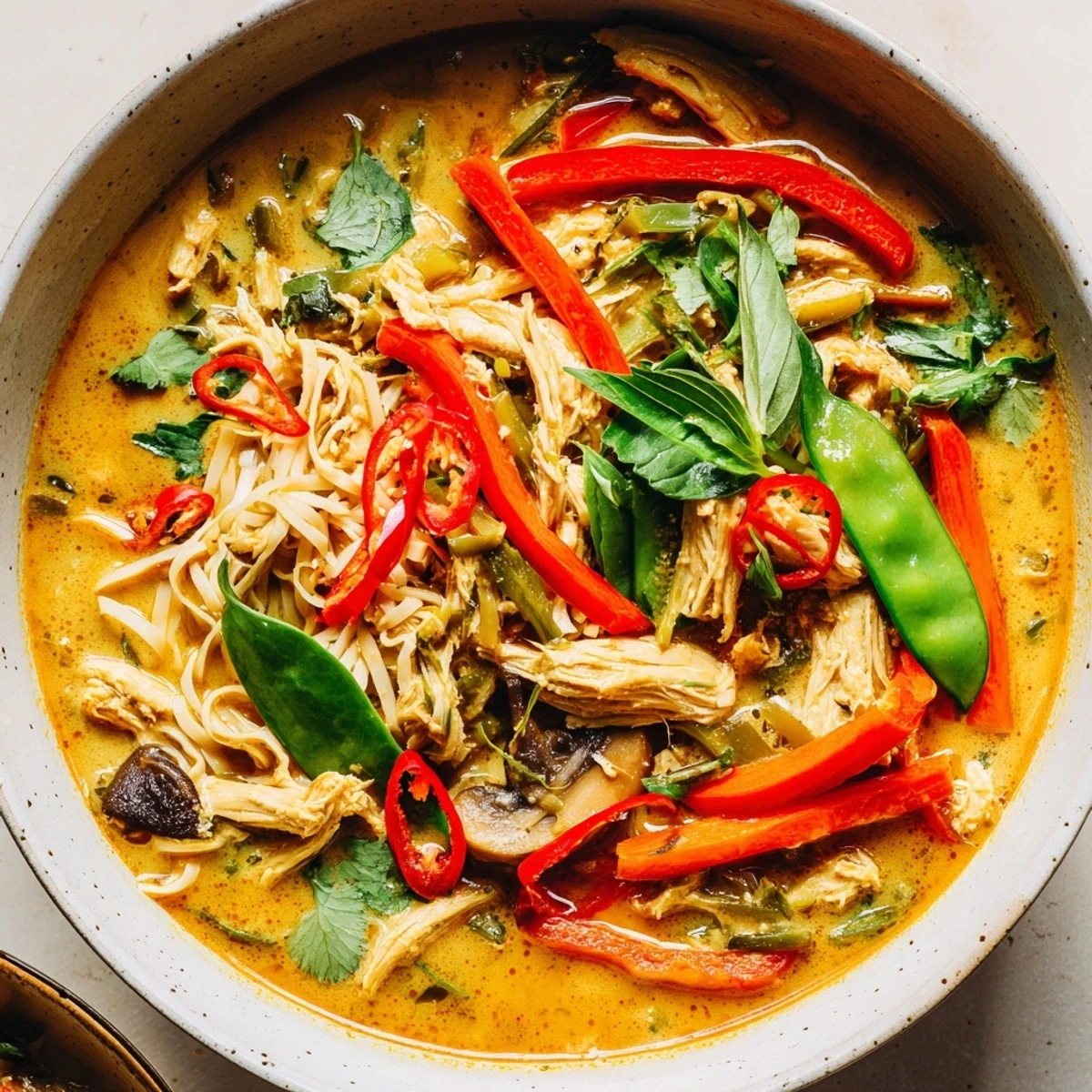 Serving bowl of Thai Green Curry Chicken Noodle Soup showing tender chicken, crisp vegetables, and lime garnish.