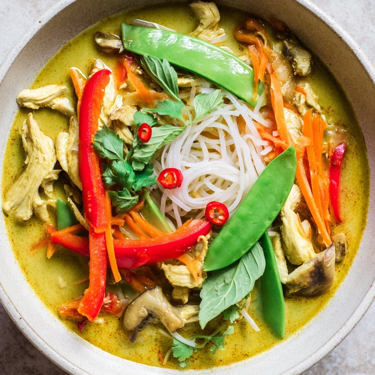 Vibrant Thai Green Curry Chicken Noodle Soup ladled over noodles with bell pepper, carrots, and Thai basil.