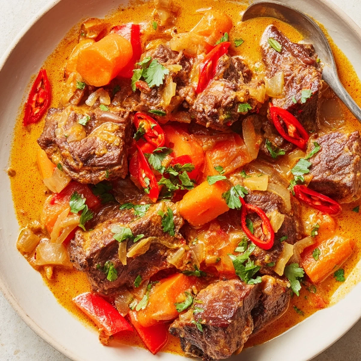 Tender Cambodian Rib Ragu simmering in coconut milk and spices, with a rich, aromatic aroma.