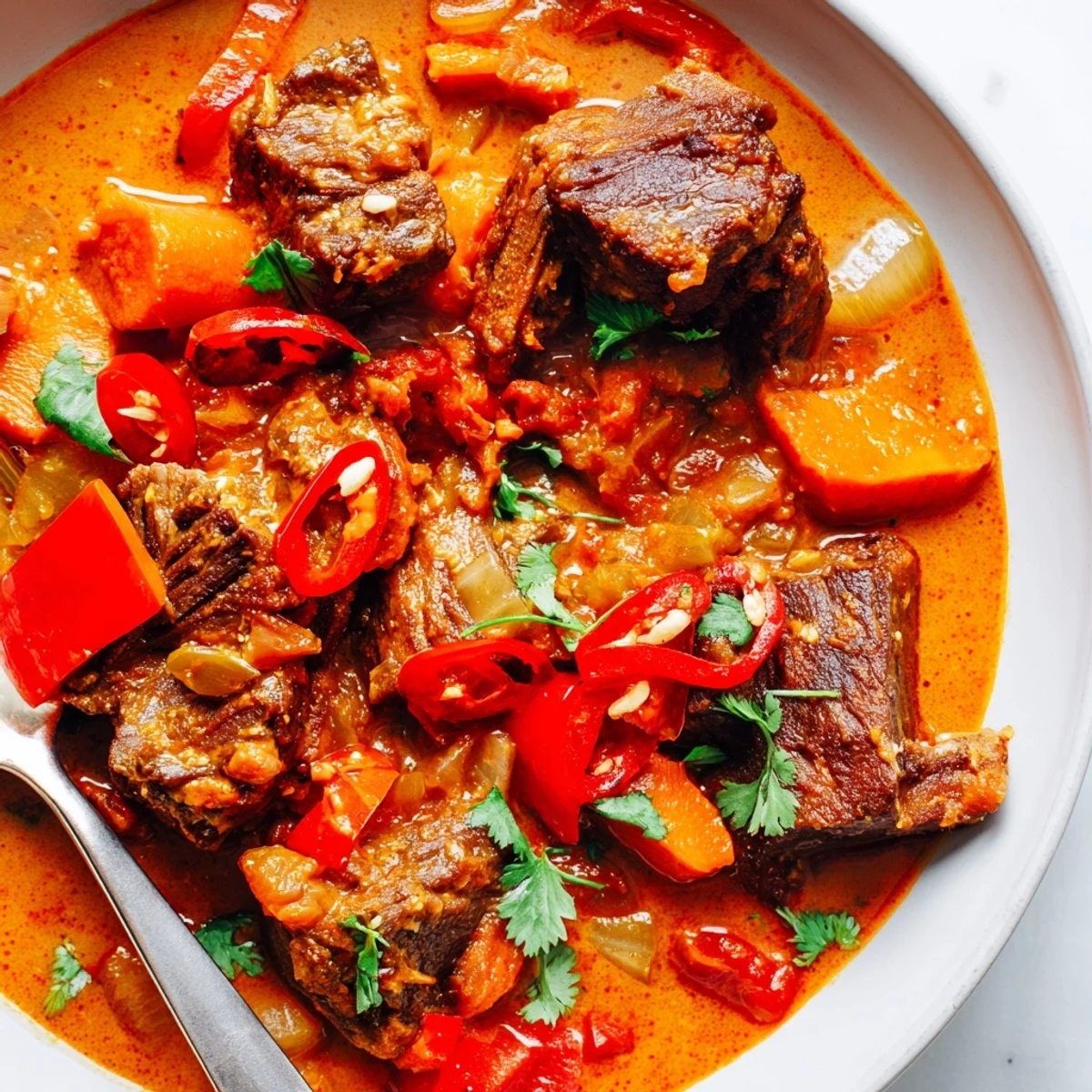 Close-up of Cambodian Rib Ragu with fall-off-the-bone beef ribs in a fragrant, tomato-based sauce.