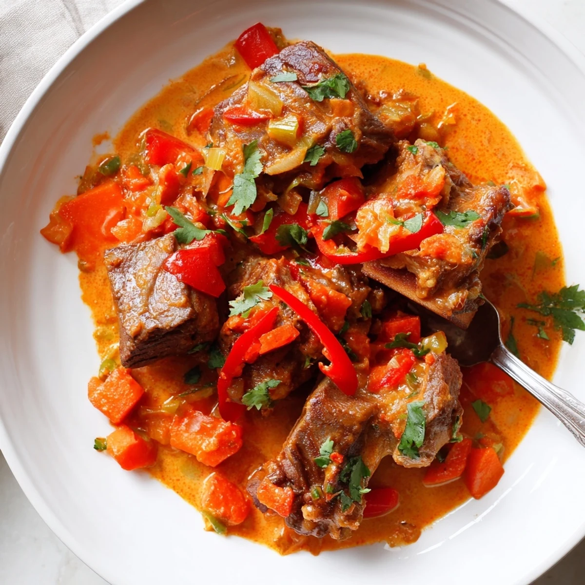 Cambodian Rib Ragu served in a cozy bowl, garnished with fresh cilantro and red chili.