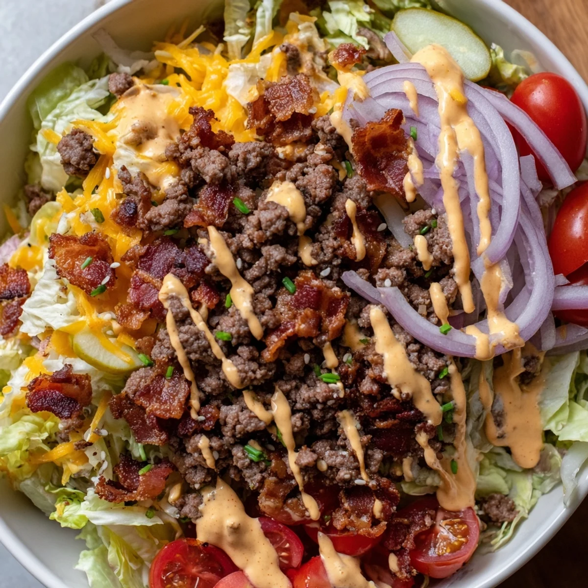 Smash Burger Bowl with juicy ground beef, crisp lettuce, and tangy pickles on a white ceramic plate.  
