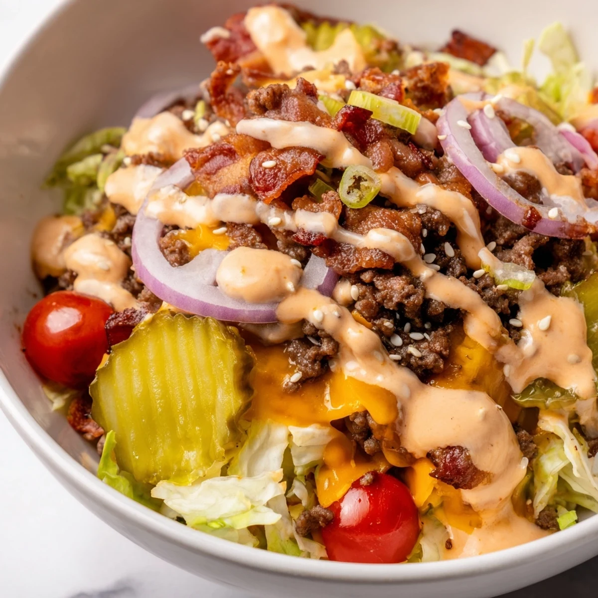 Serving suggestion of a deconstructed Smash Burger Bowl drizzled with creamy Smash Sauce and sesame seeds.