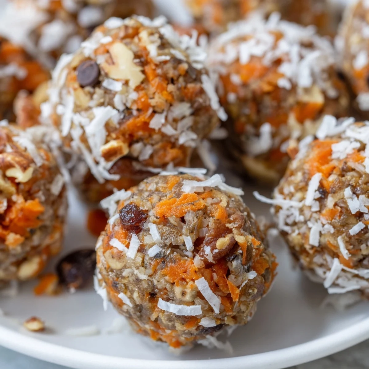 Chilled no bake carrot cake bites dusted with coconut and sweet spices.  