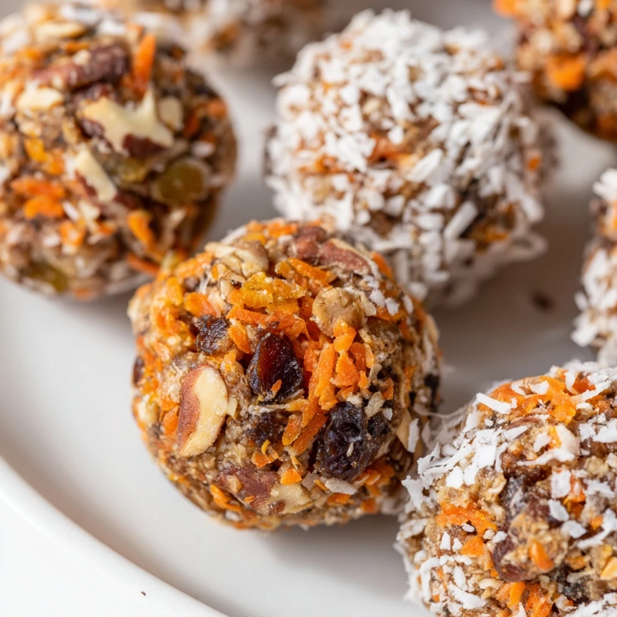 A plate of no bake carrot cake bites with shredded carrots and walnuts.  
