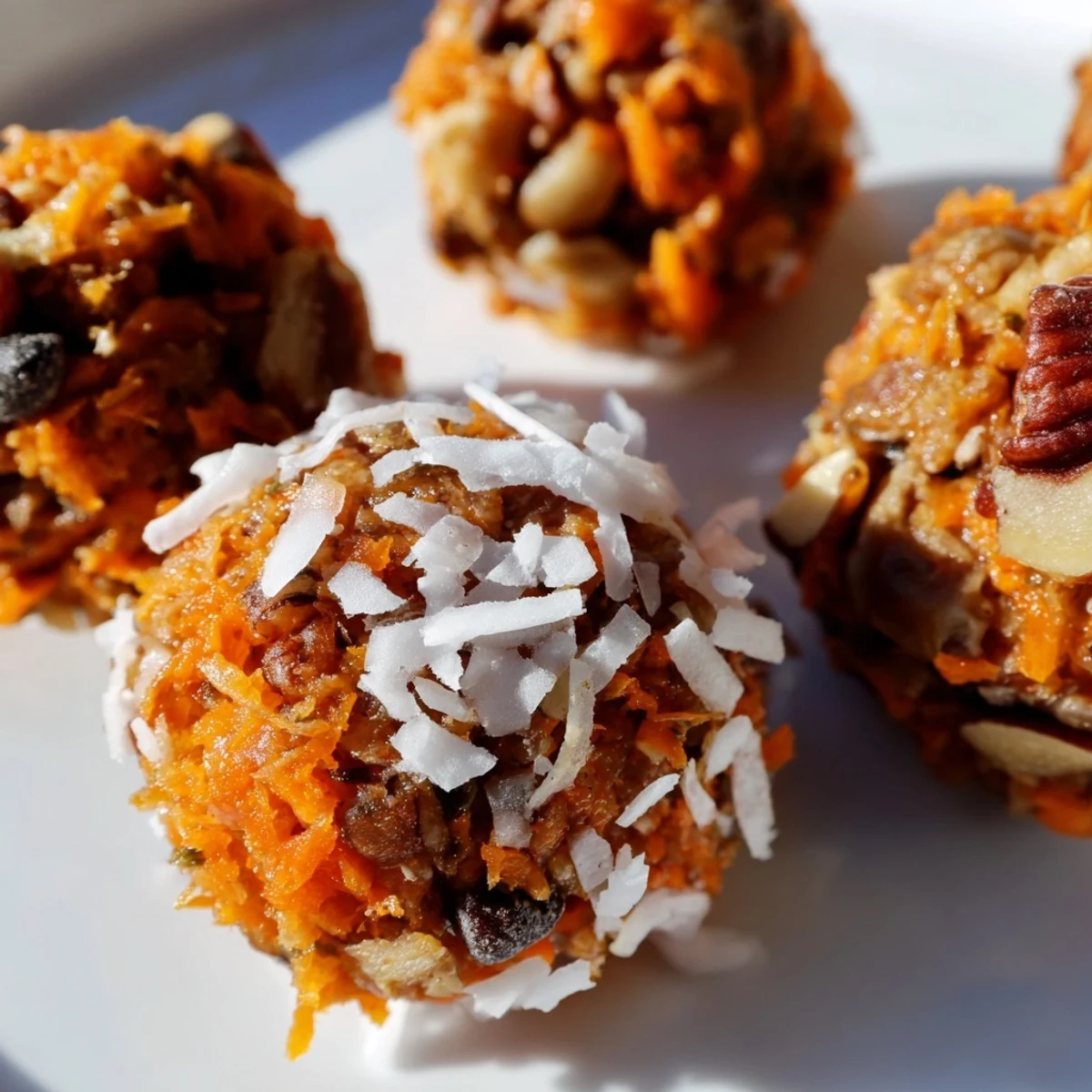 Easy no bake carrot cake bites stacked on a plate ready to snack.