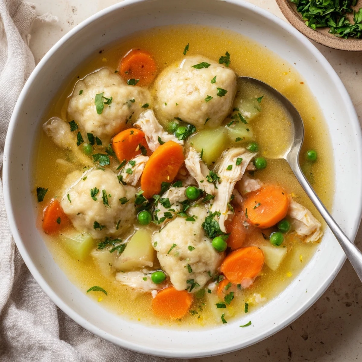 Hot One Pot Chicken Dumpling Soup steams beside golden fluffy dumplings and colorful carrots, peas, and celery in a rustic pot.