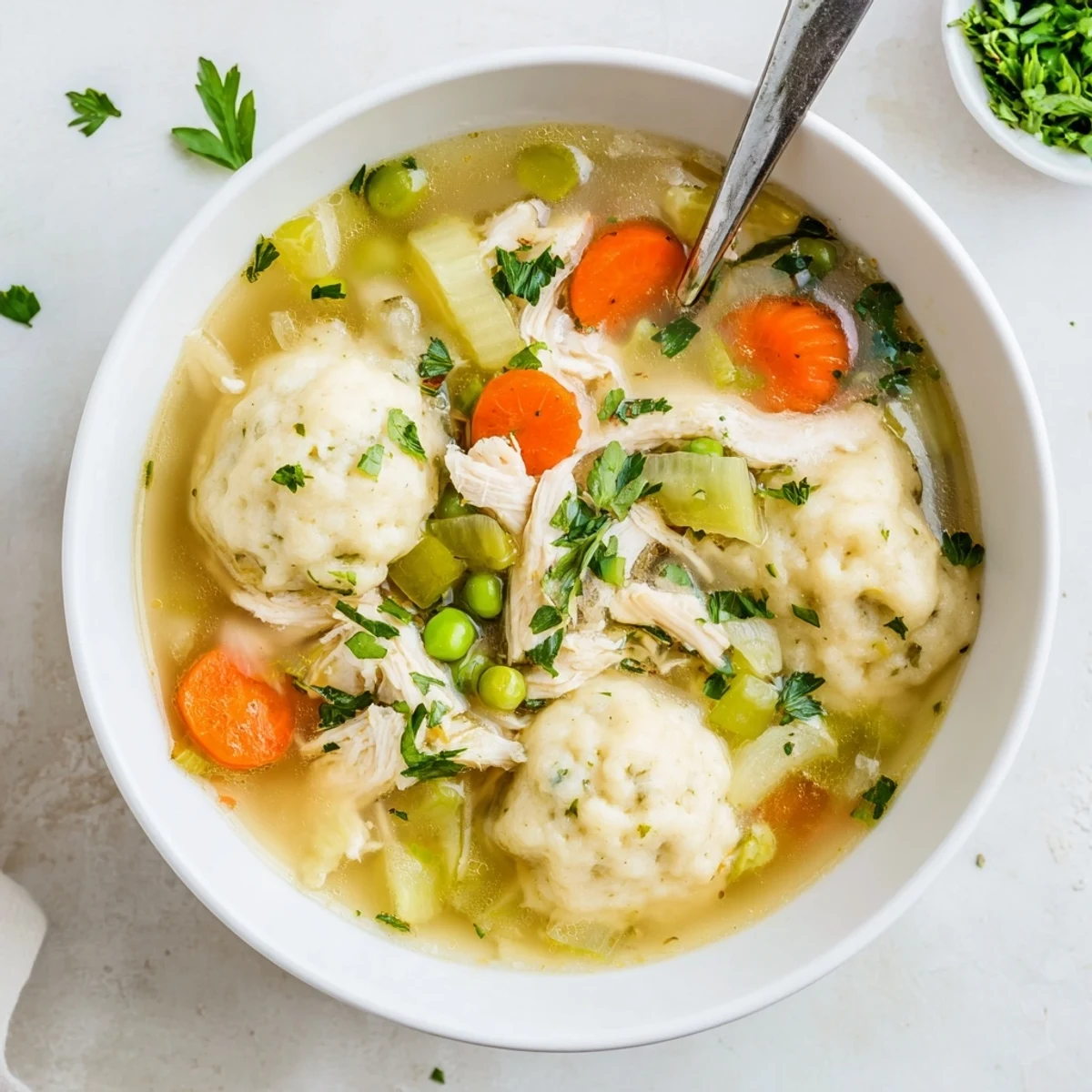 Comforting One Pot Chicken Dumpling Soup is served in a cozy bowl with fresh parsley garnish, perfect for chilly evenings.
