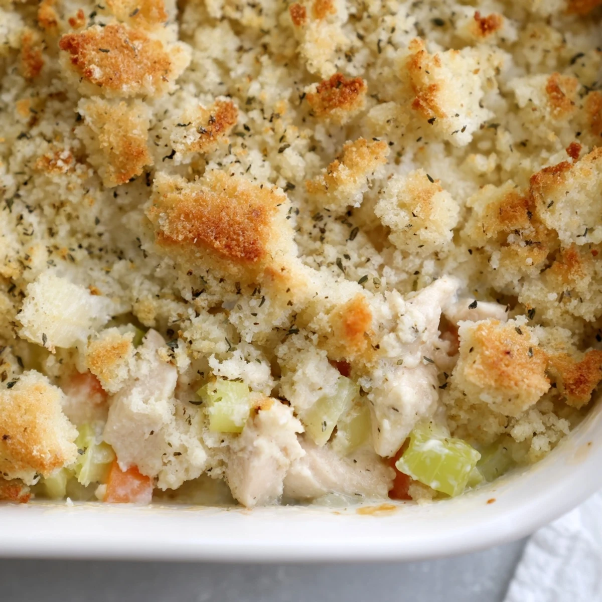 Golden baked Dollys Chicken Stuffing Casserole with creamy chicken and vegetables topped with crispy stuffing.