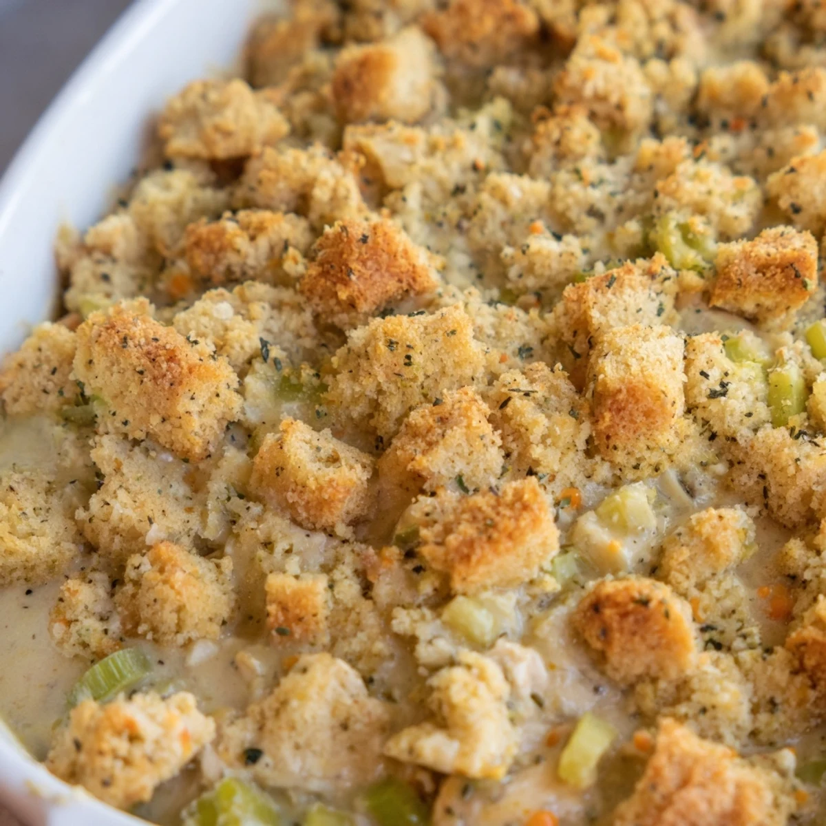 Spoon serving Dollys Chicken Stuffing Casserole revealing tender chicken in creamy sauce beneath savory stuffing.