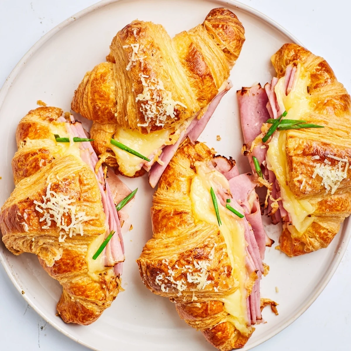 Golden-brown Stuffed Croissants emerge from the oven, revealing melted Gruyère and ham filling on a parchment-lined tray.
