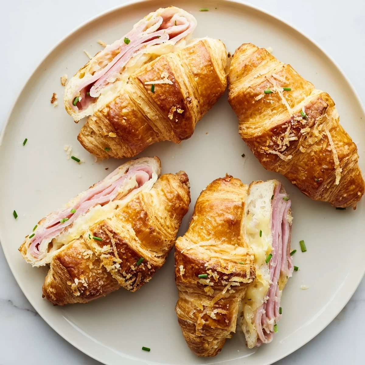 A close-up of Stuffed Croissants shows flaky pastry brushed with butter, served beside fresh fruit and a cup of coffee.
