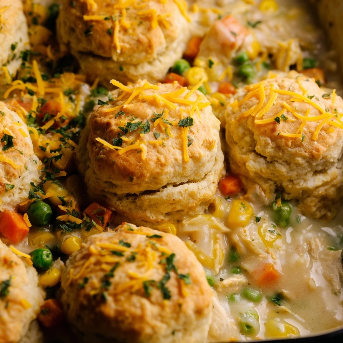 A close-up of Red Lobster Biscuit Chicken Pot Pie in a baking dish, steam rising from golden, cheddar-topped biscuits.