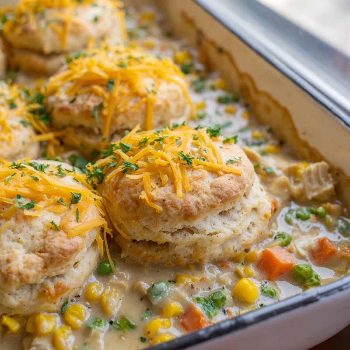 Red Lobster Biscuit Chicken Pot Pie served family-style, with a side salad and a wooden serving spoon.
