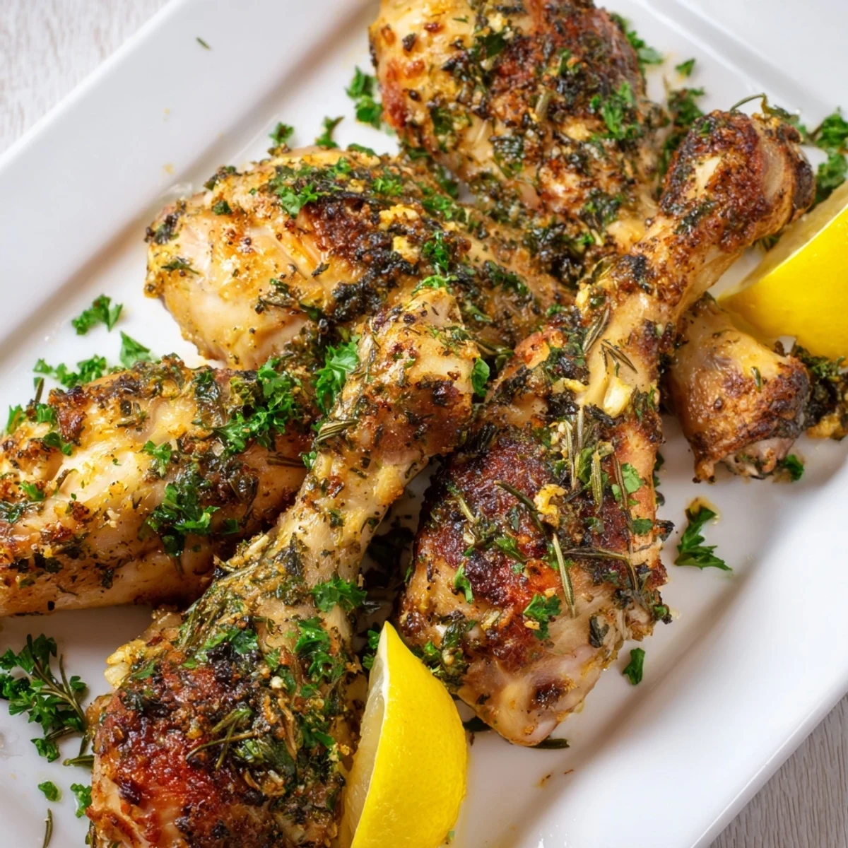 Crispy herb roasted chicken drumsticks glistening with olive oil and lemon zest on a baking sheet.