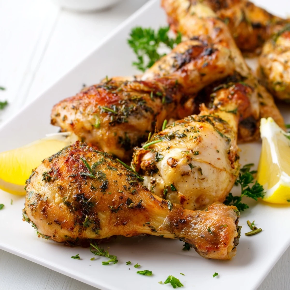 Golden roasted chicken drumsticks seasoned with fresh herbs and garlic served with lemon wedges.