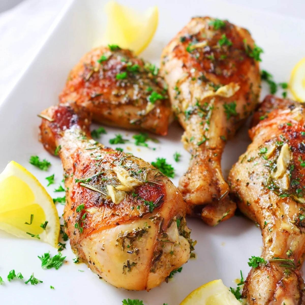 Savory herb roasted chicken drumsticks arranged on a plate ready to be enjoyed as dinner.