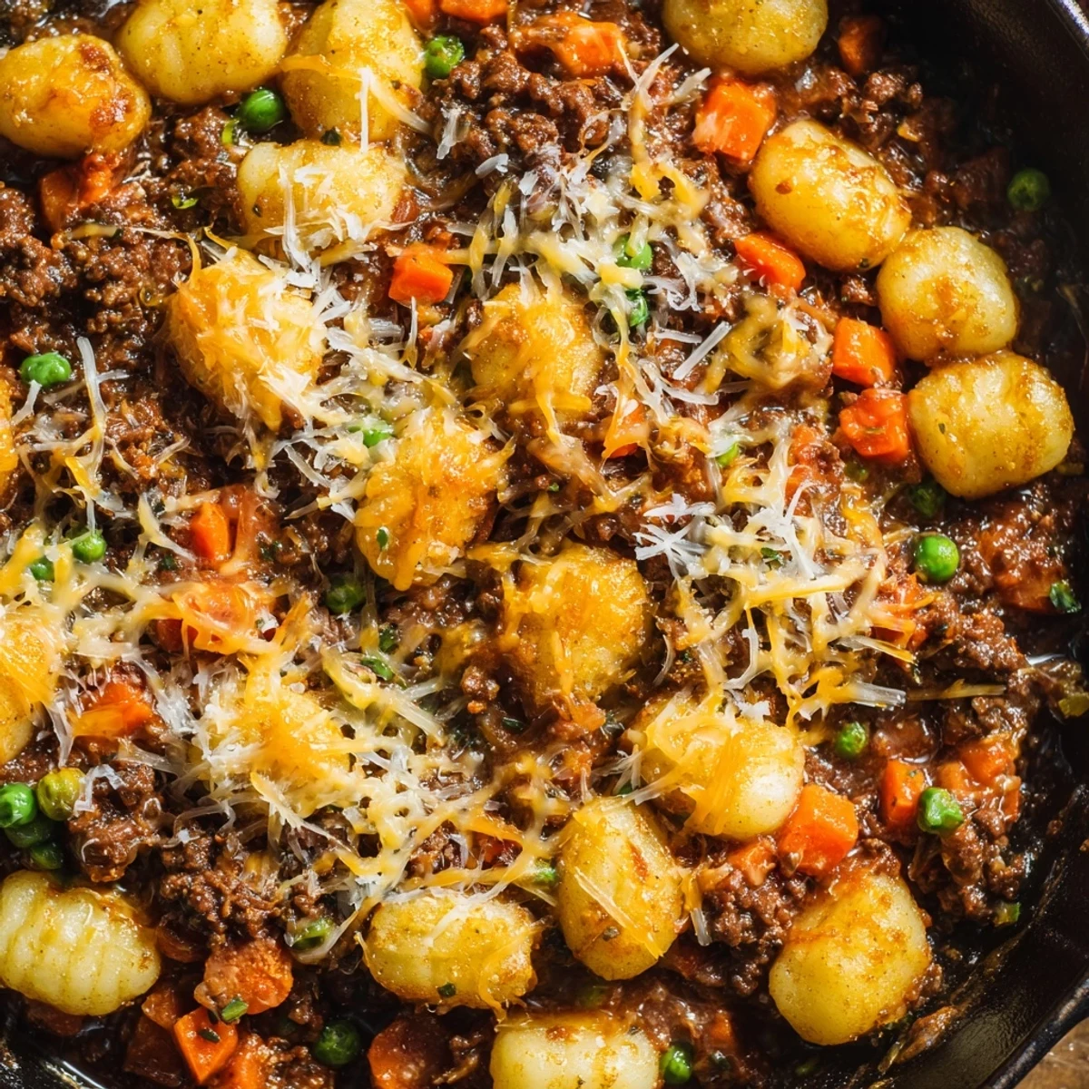 Golden-brown, cheesy Quick Gnocchi Shepherds Pie bubbling in a cast-iron skillet, featuring pillowy gnocchi baked over savory beef filling.
