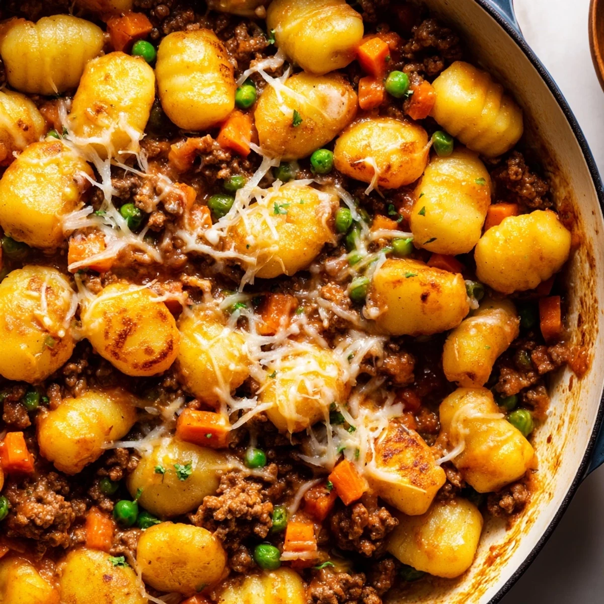 A close-up of Quick Gnocchi Shepherds Pie with melted cheddar and Parmesan, ready to serve with a side salad.