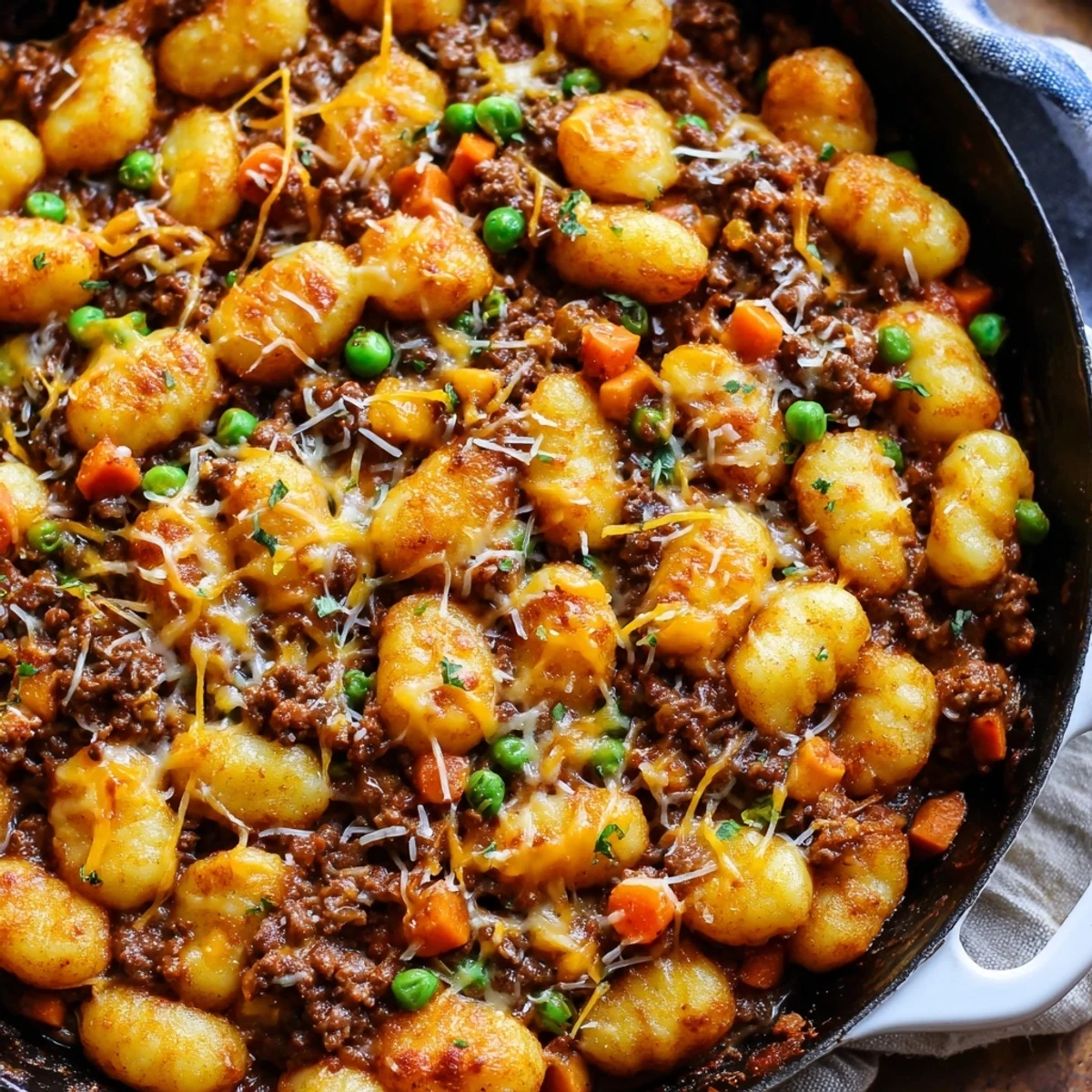 Savory Quick Gnocchi Shepherds Pie served in a white dish, revealing a hearty ground beef and vegetable layer beneath gnocchi.