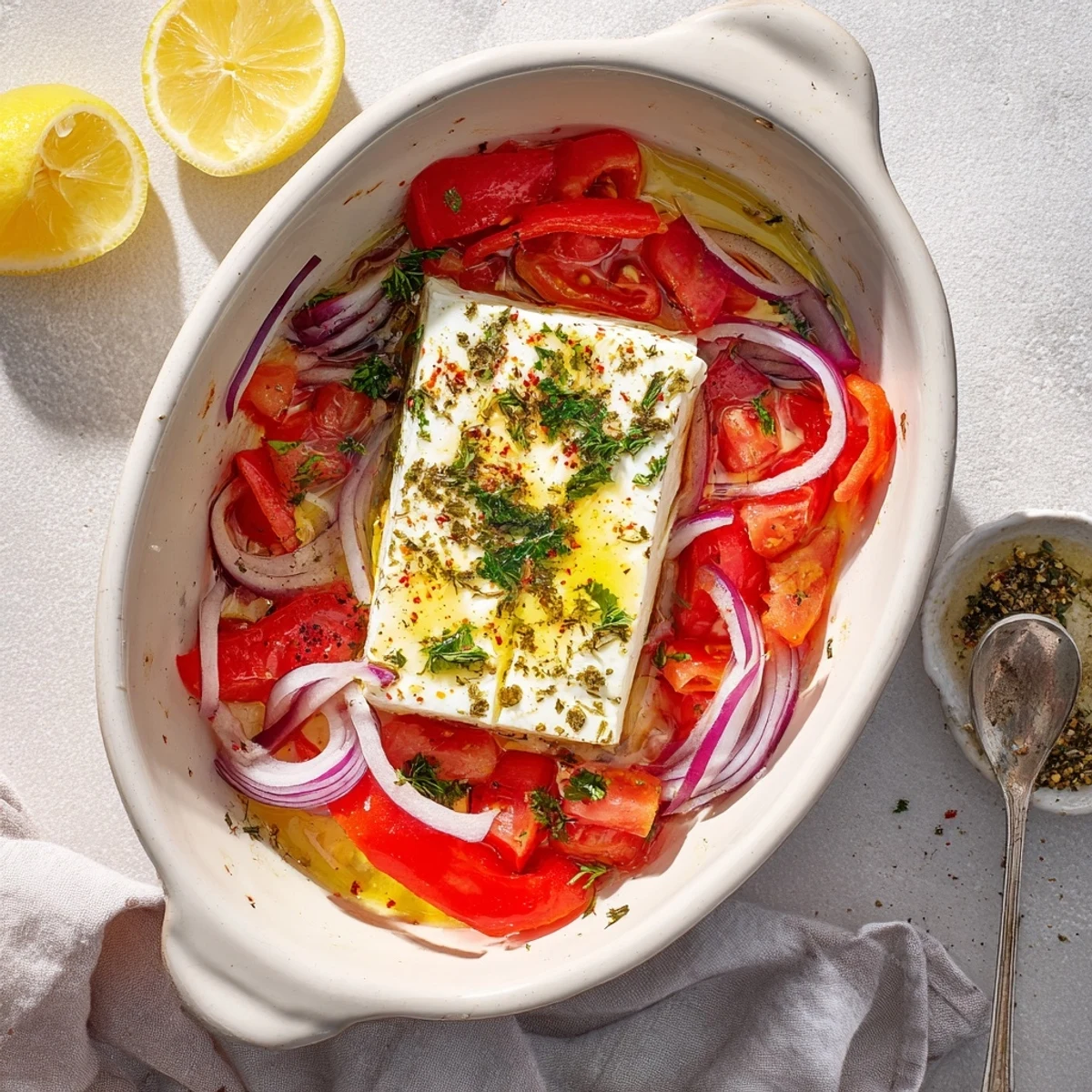 Golden, bubbling Spicy Baked Feta fresh from the oven, surrounded by tender roasted tomatoes, peppers, and onions.
