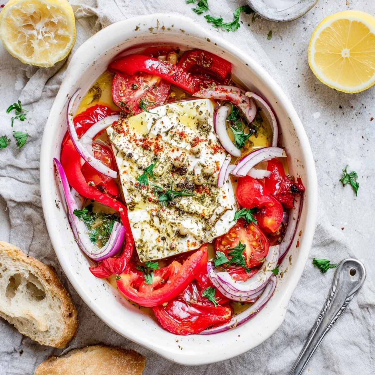 A close-up of Spicy Baked Feta served with crusty bread, featuring creamy cheese and vibrant chili flecks.