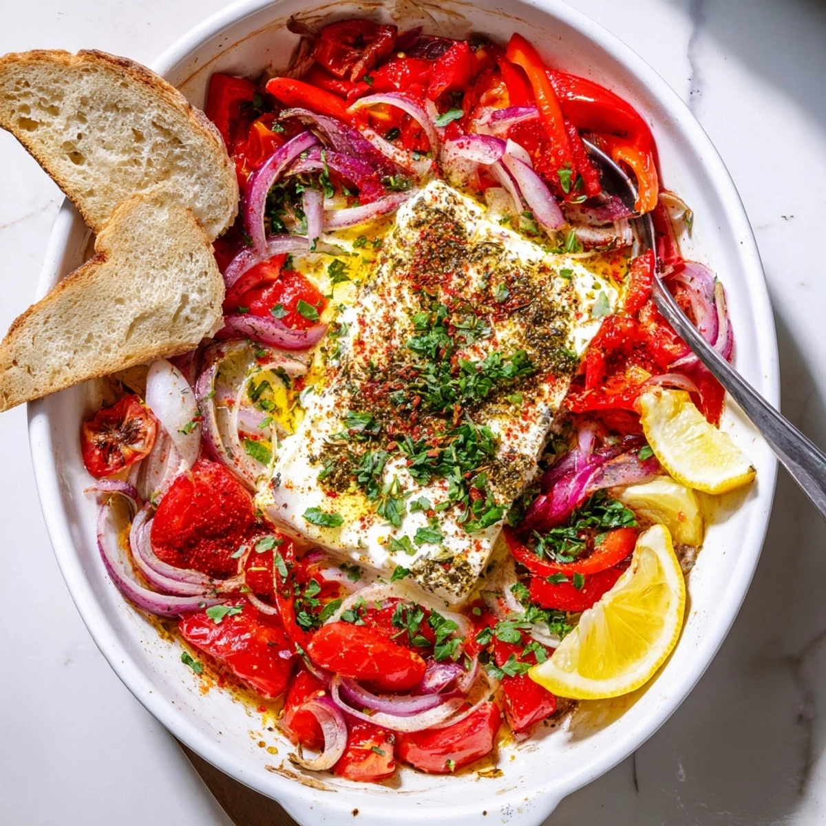 Spicy Baked Feta garnished with fresh parsley and lemon wedges on a rustic wooden board for serving.