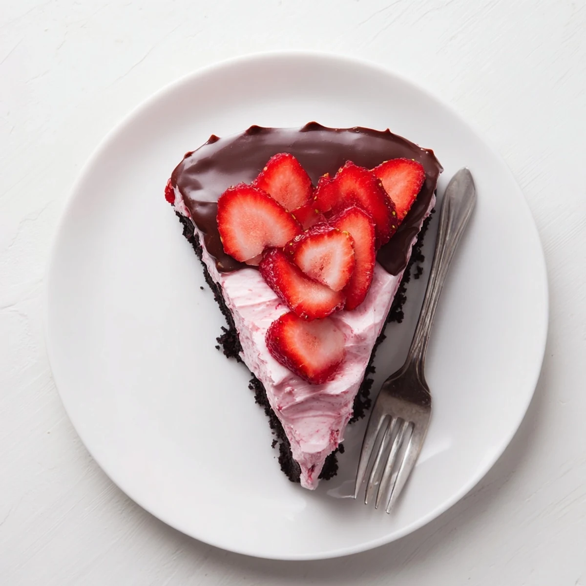 This homemade Chocolate Covered Strawberry Cheesecake features a dark chocolate cookie crust and creamy strawberry filling, ready to serve on a marble countertop.