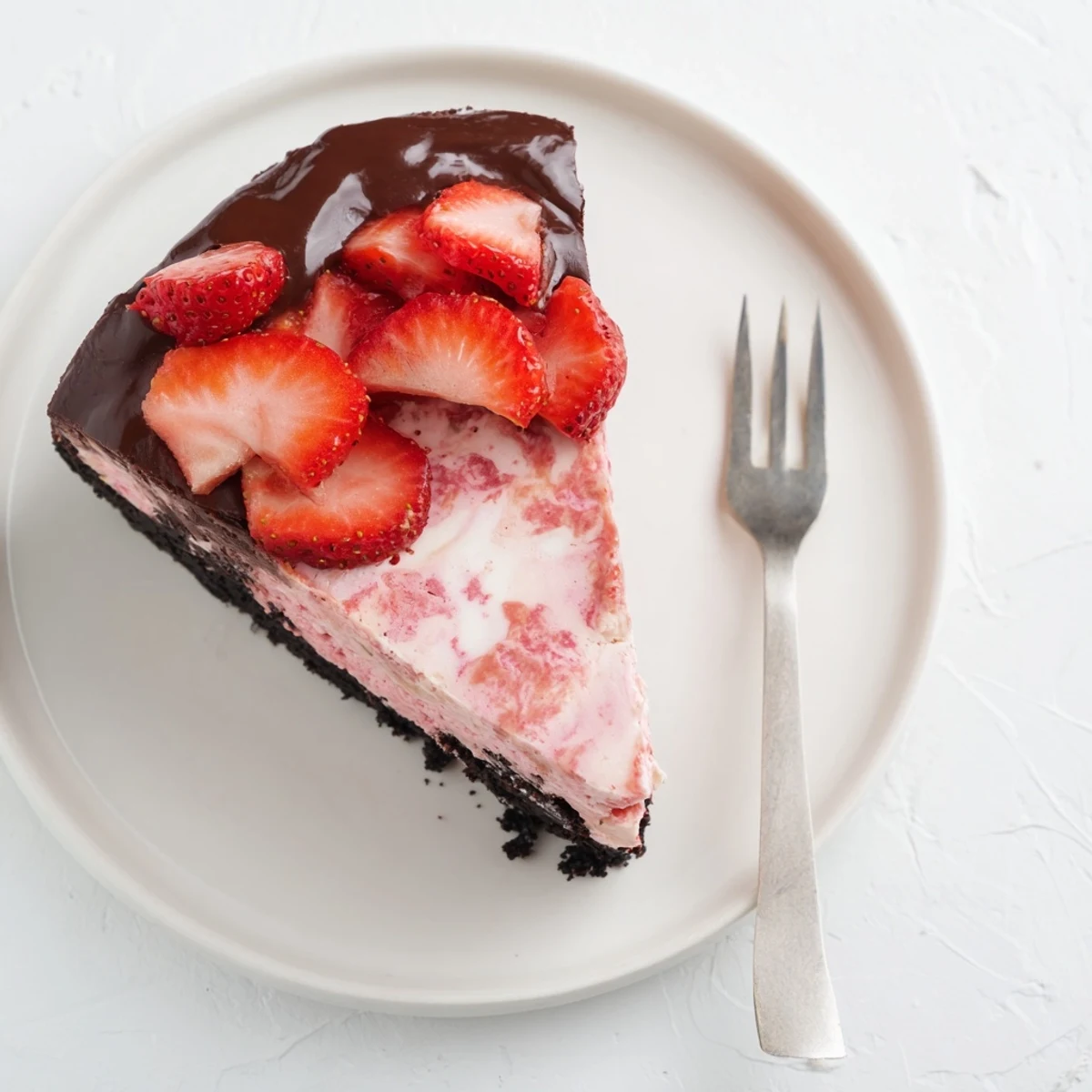 A slice of Chocolate Covered Strawberry Cheesecake on a white plate, topped with fresh strawberry halves and a glossy chocolate ganache drizzle.