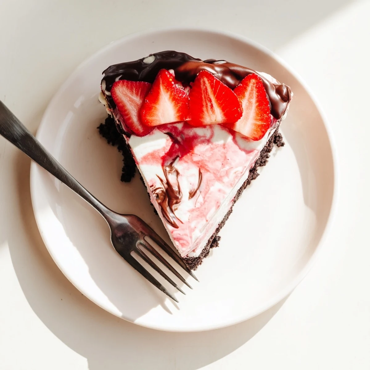 Decadent Chocolate Covered Strawberry Cheesecake with rich ganache and fresh berries, sliced to reveal the smooth, pink interior on a rustic table.