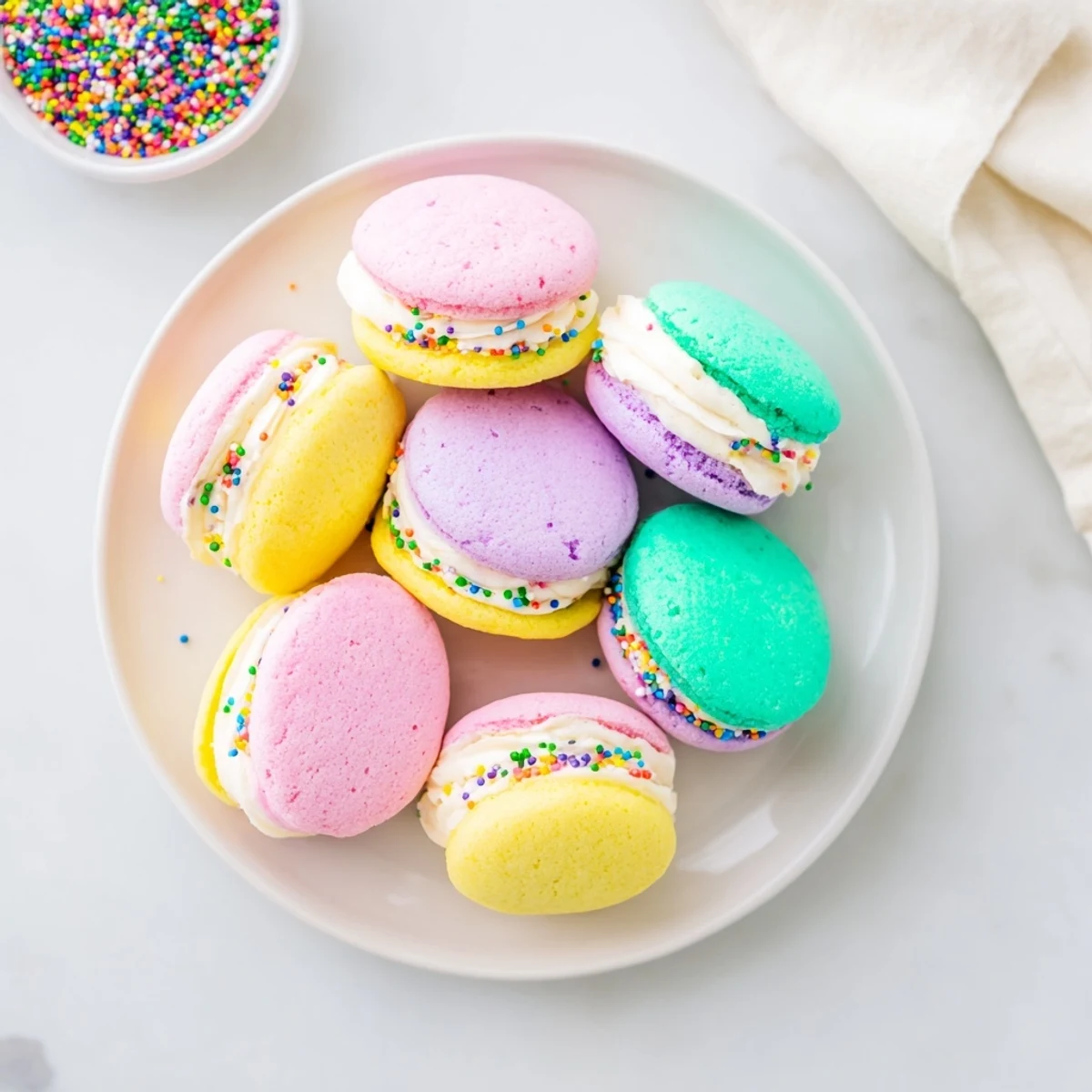 Stacked pastel sugar cookie sandwiches with creamy vanilla buttercream filling and sprinkles, ready for Easter dessert.