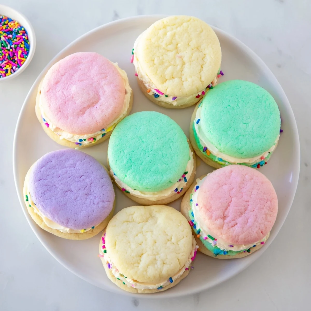 Freshly baked pastel sugar cookie sandwiches with smooth buttercream, served on a rustic wooden board.