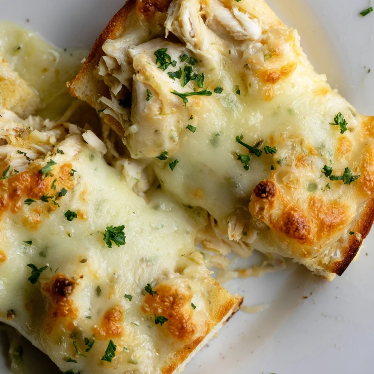 Golden-brown Viral Chicken Alfredo Garlic Bread on a rustic board, melted mozzarella and provolone stretching over creamy chicken Alfredo spread on a sliced baguette.
