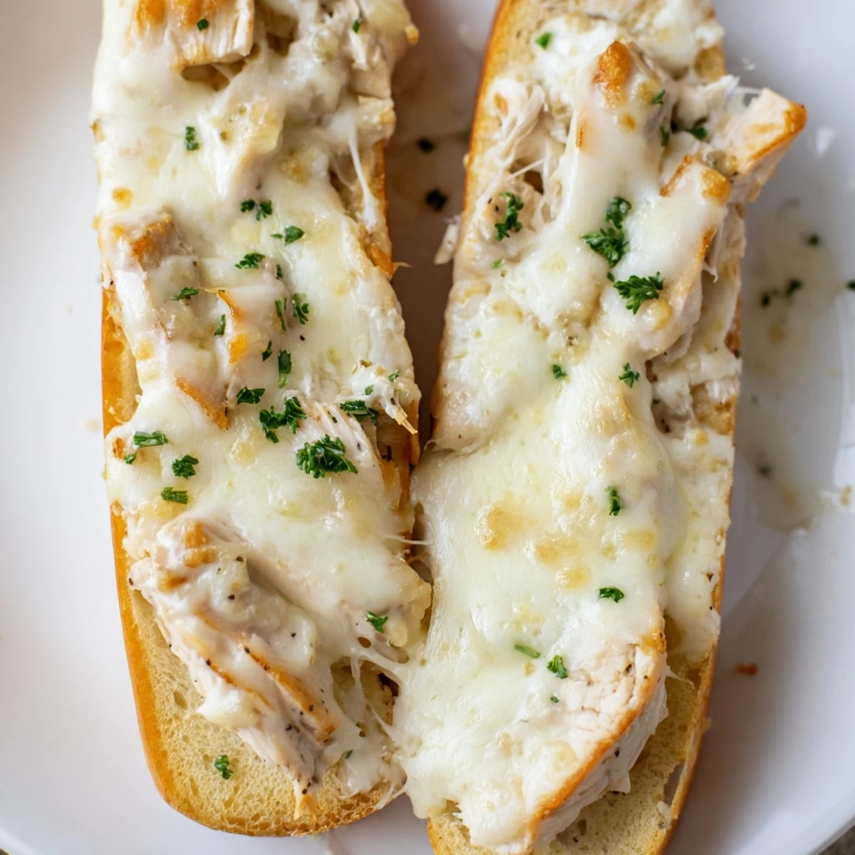 A close view of Viral Chicken Alfredo Garlic Bread with bubbling cheese and garlic butter, perfect for serving with a crisp green salad on the side.