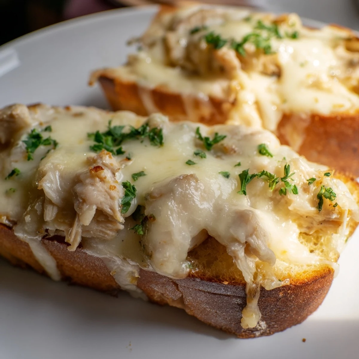 Fresh parsley garnishes the cheesy Viral Chicken Alfredo Garlic Bread, served warm as a hearty main dish or shareable appetizer for a family dinner.