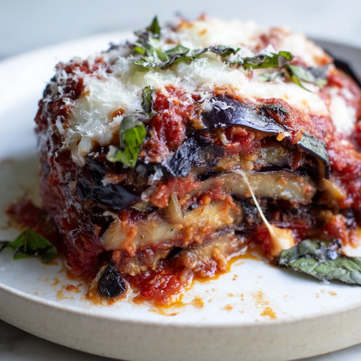Golden baked Charred Aubergine Parmigiana with bubbling mozzarella and rich tomato sauce in a rustic dish.  