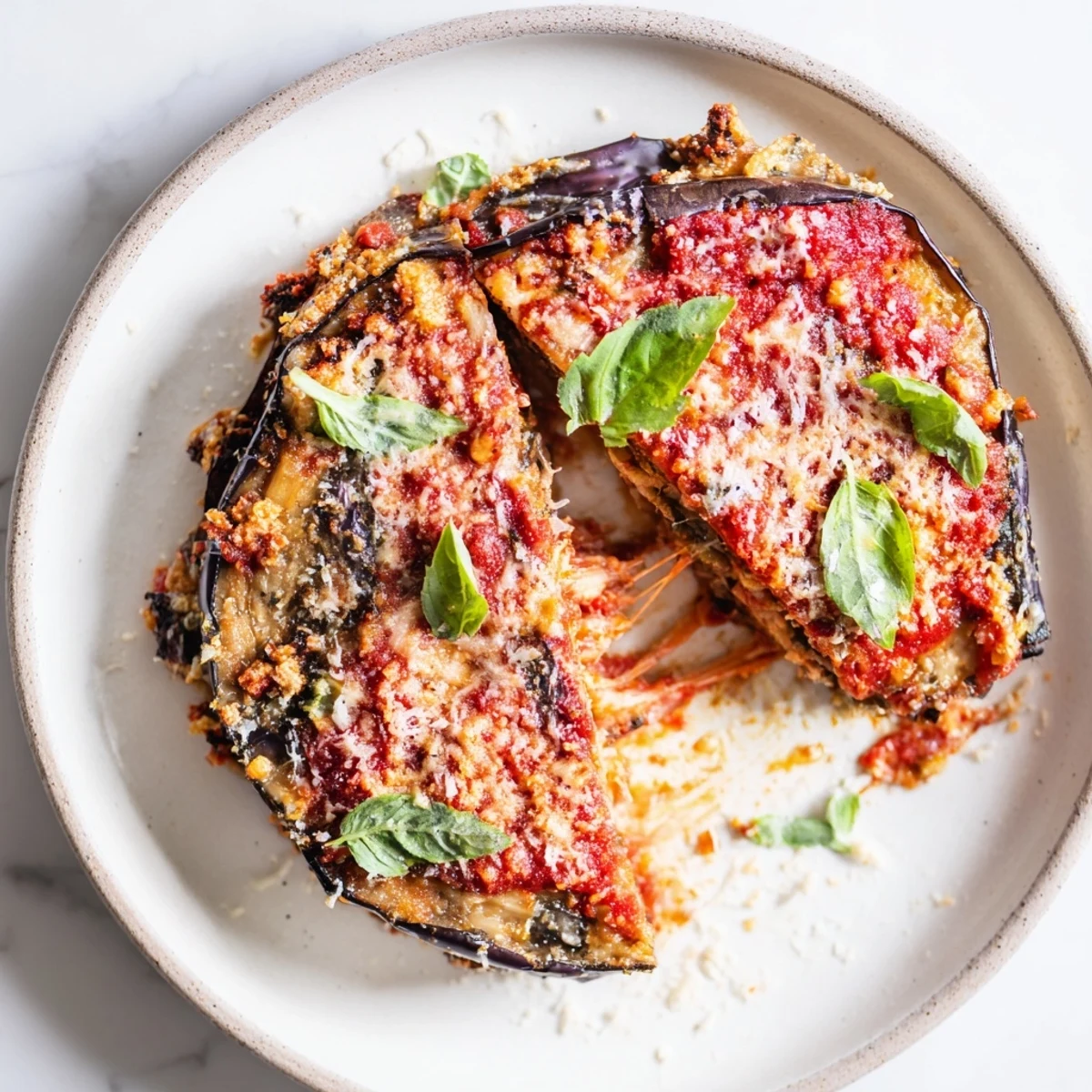 Slices of smoky charred aubergine layered with Parmesan and fresh basil on a marble countertop.  