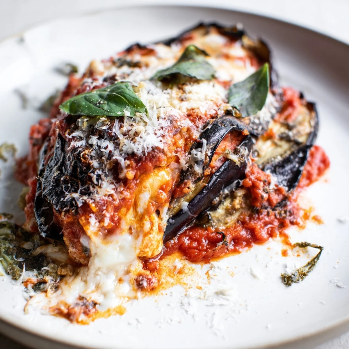 Charred Aubergine Parmigiana served with crusty bread and green salad, ready for a cozy Italian dinner.