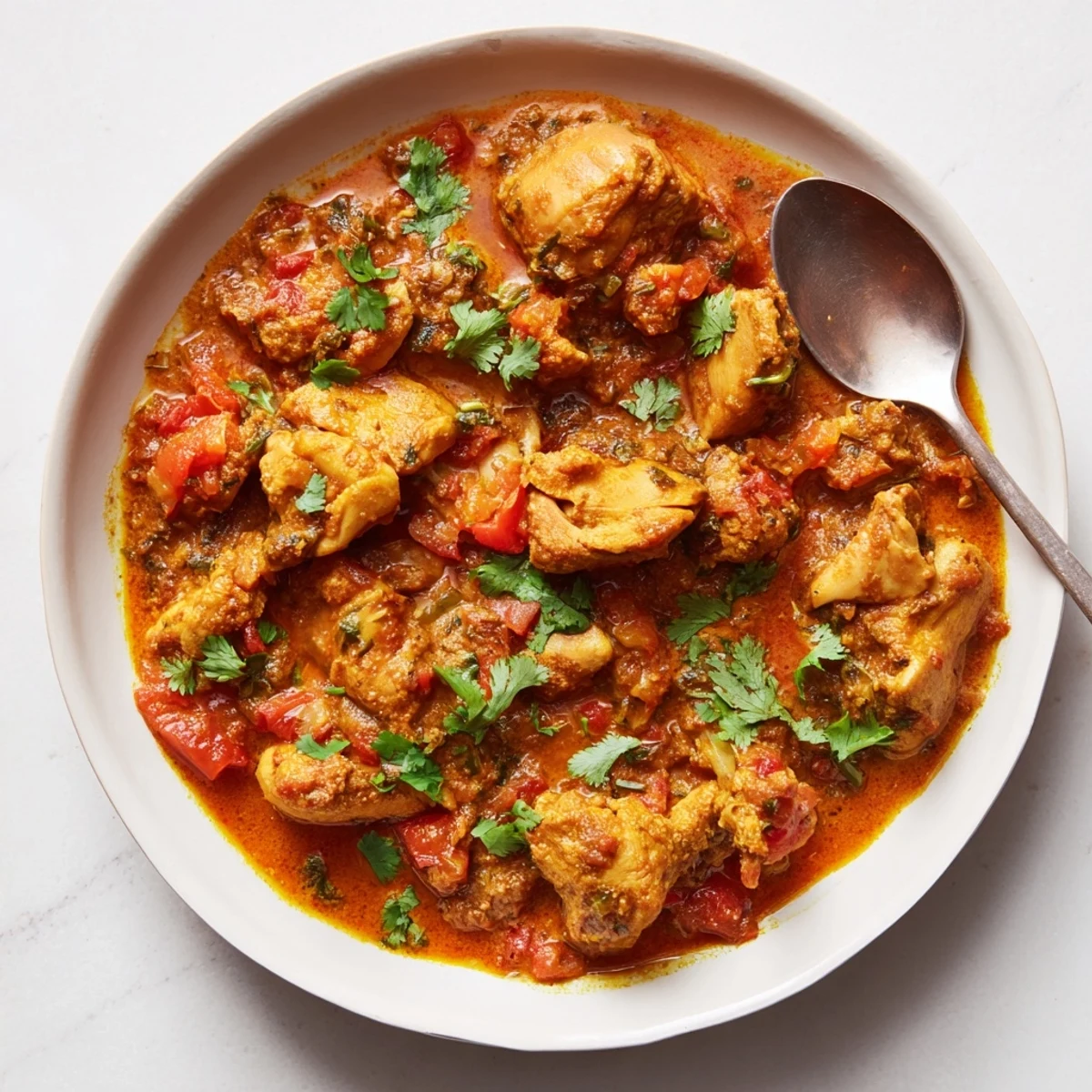 A close-up photo of Spiced Chicken Curry with Ginger, Garlic & Jalapeño, topped with fresh cilantro and steamed in a rustic pot.