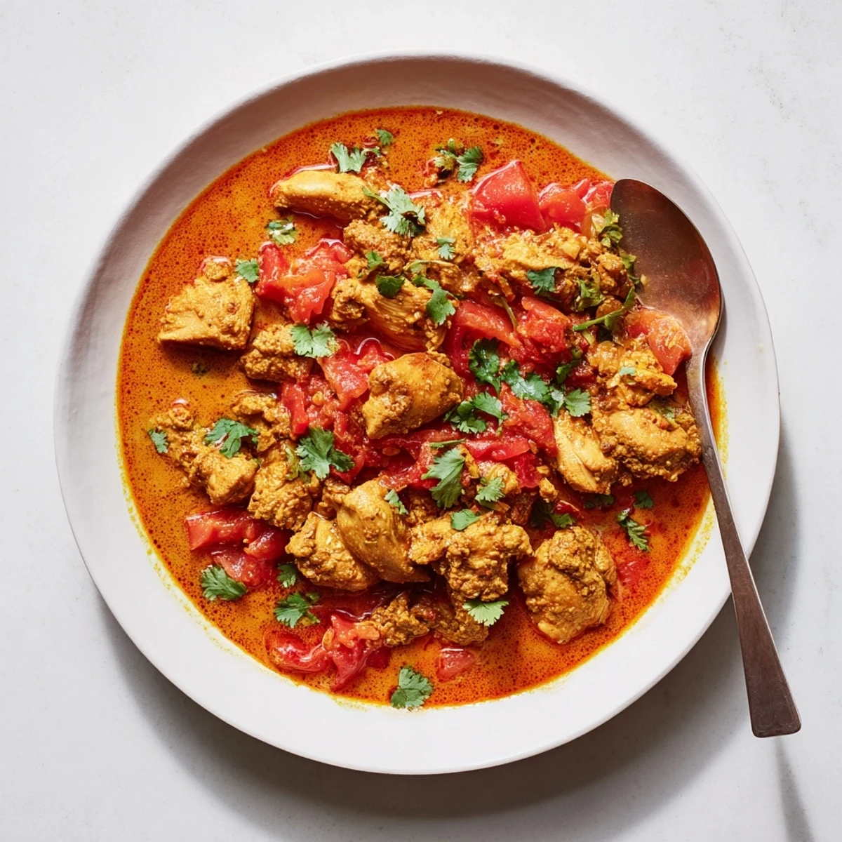 Hearty Spiced Chicken Curry with Ginger, Garlic & Jalapeño served with fluffy basmati rice and warm naan bread.