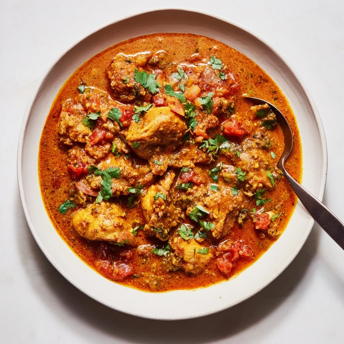 Close-up of Spiced Chicken Curry with Ginger, Garlic & Jalapeño simmering in a pan, garnished with cilantro next to a bowl of rice.