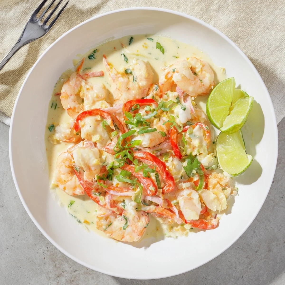 Platter of Creamy Coconut Shrimp Buffet Style with colorful bell peppers and scallions for sharing.