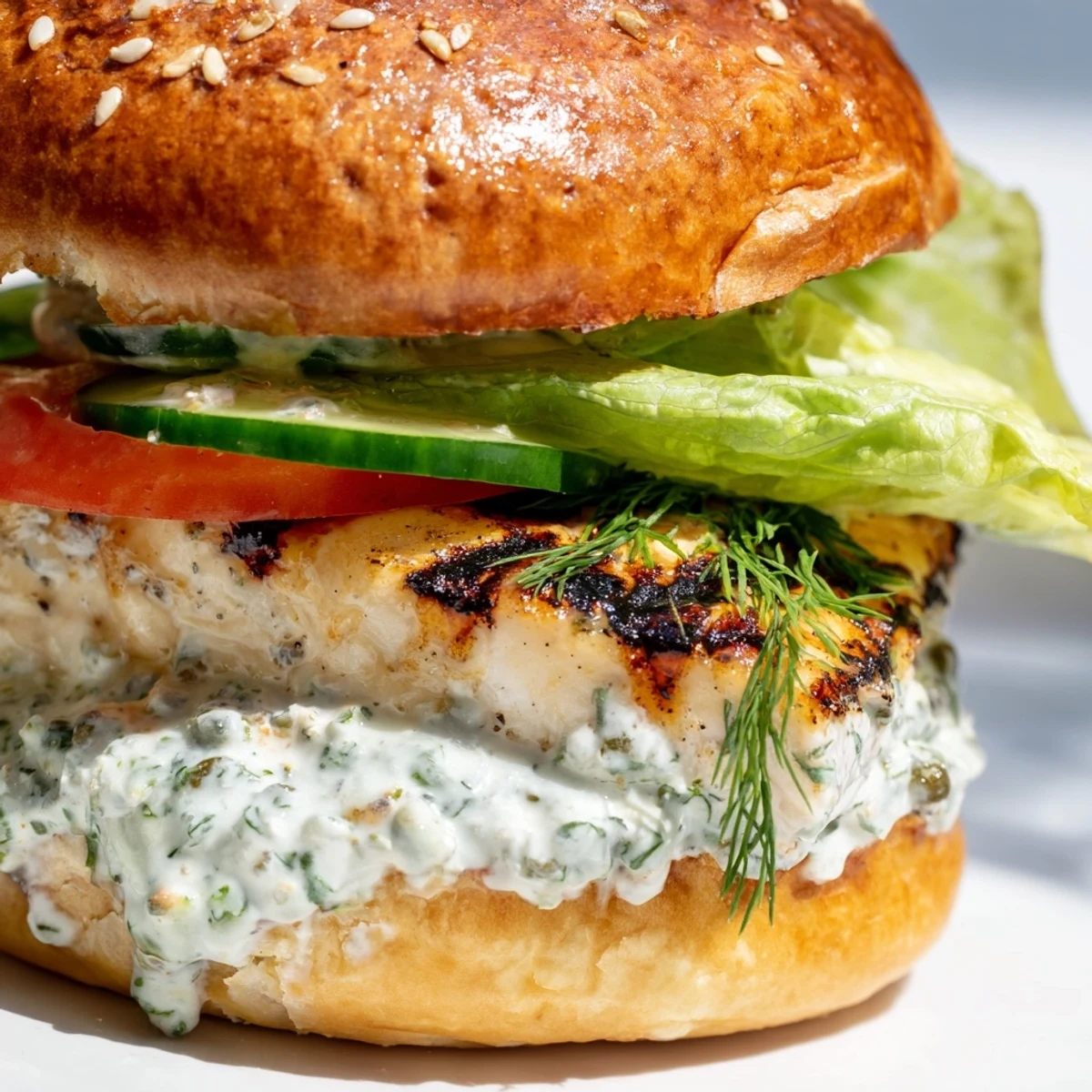Perfectly grilled barramundi fillet on a toasted brioche bun topped with smoky cos lettuce and fresh tomato slices.