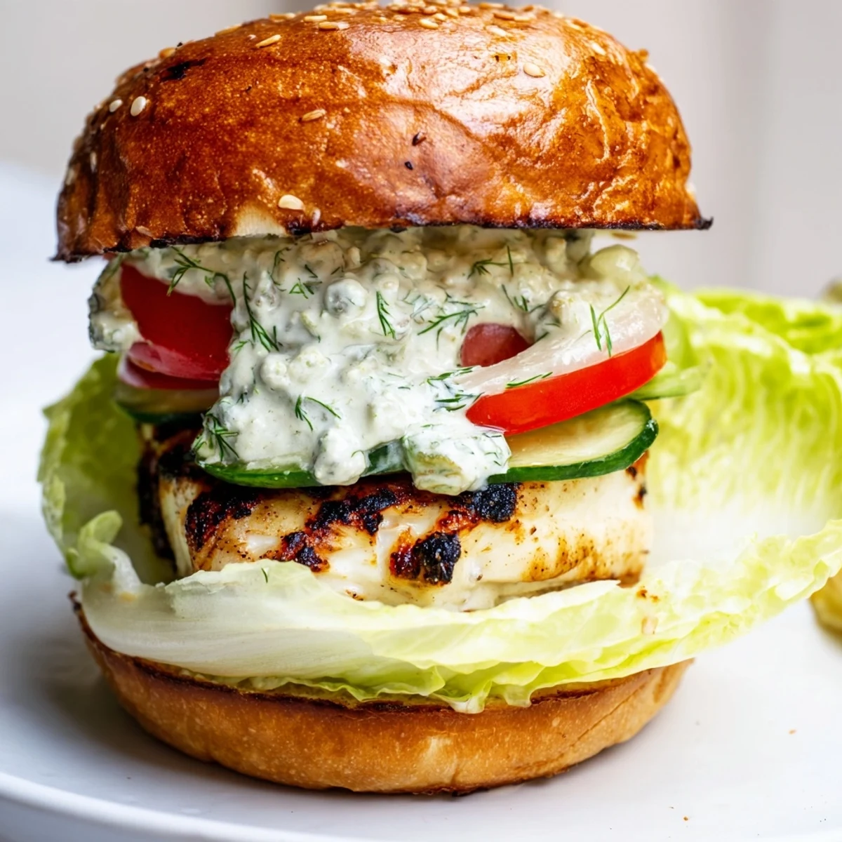 Grilled cos lettuce and flaky barramundi stacked high on a soft bun for a satisfying savory meal.