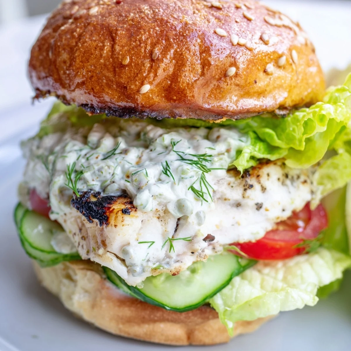 A close-up of a juicy barramundi burger with grilled lemon jalapeño tartare sauce and vibrant veggies.